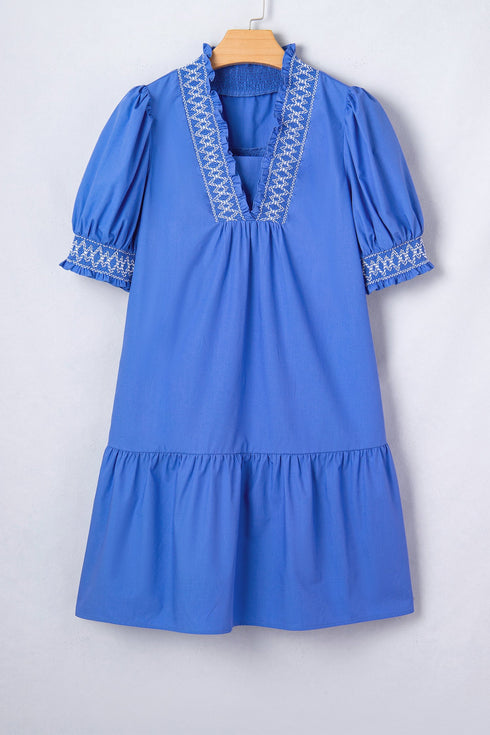 Embroidered Smocked V Neck Puff Sleeve A Line Mini Dress