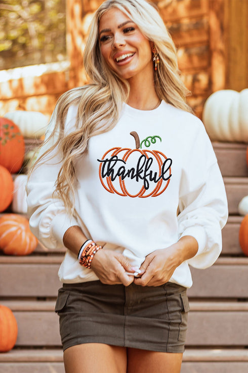 Embroidered Thankful Pumpkin Graphic Cottagecore Inspired Pullover Sweatshirt