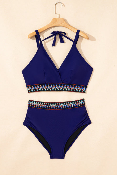 Embroidered Trim Wrap Tie High Waisted Plus Size Swimwear
