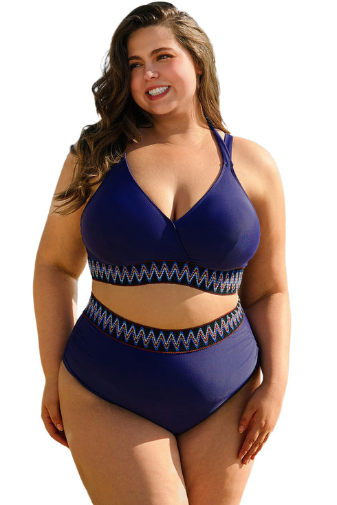 Embroidered Trim Wrap Tie High Waisted Plus Size Swimwear