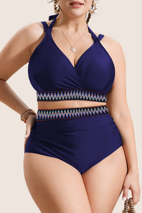 Embroidered Trim Wrap Tie High Waisted Plus Size Swimwear