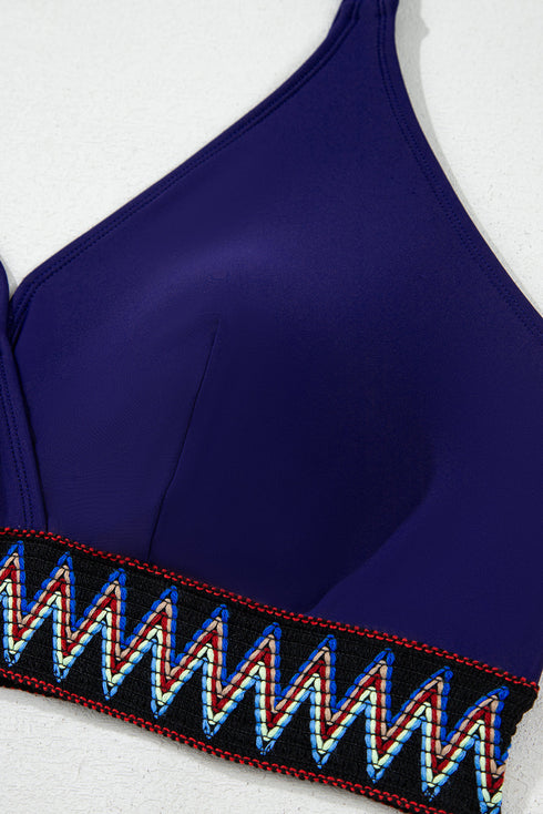 Embroidered Trim Wrap Tie High Waisted Plus Size Swimwear