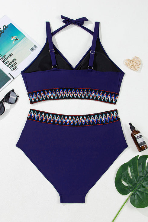 Embroidered Trim Wrap Tie High Waisted Plus Size Swimwear