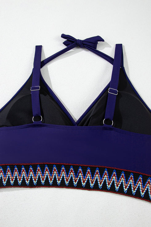 Embroidered Trim Wrap Tie High Waisted Plus Size Swimwear