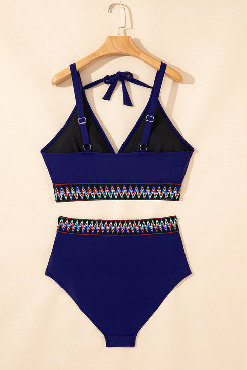 Embroidered Trim Wrap Tie High Waisted Plus Size Swimwear