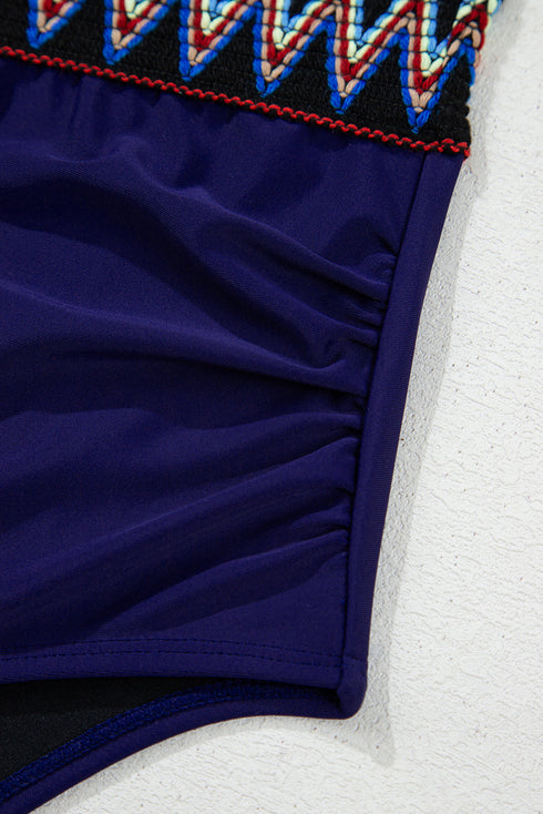 Embroidered Trim Wrap Tie High Waisted Plus Size Swimwear