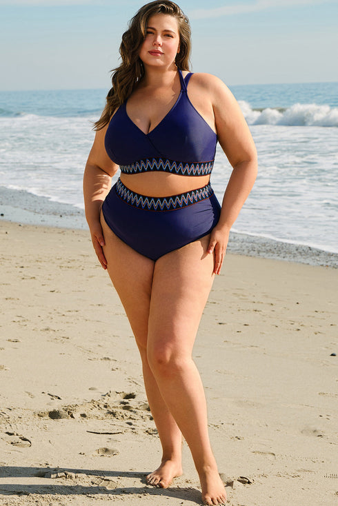 Embroidered Trim Wrap Tie High Waisted Plus Size Swimwear