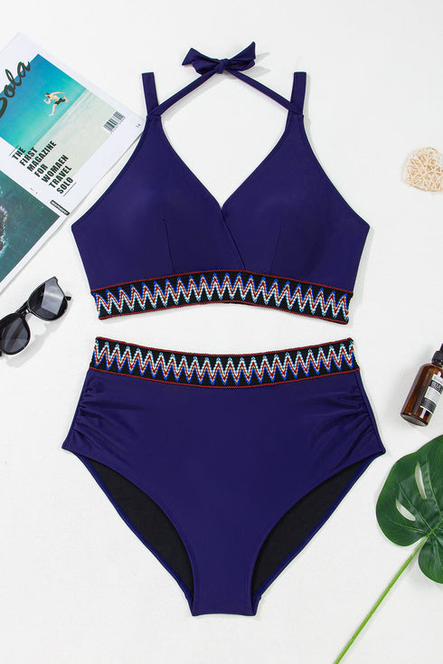 Embroidered Trim Wrap Tie High Waisted Plus Size Swimwear