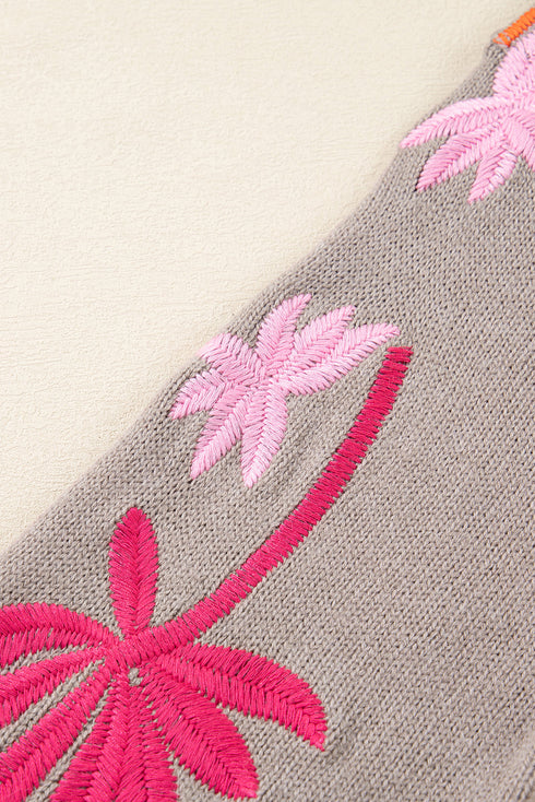 Embroidered Tropical Leaf Sleeve Knit Pullover Sweater