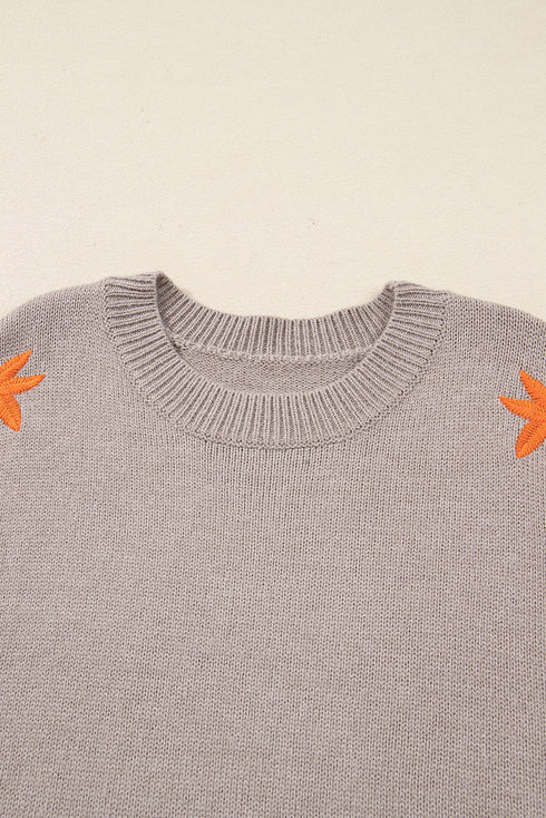 Embroidered Tropical Leaf Sleeve Knit Pullover Sweater