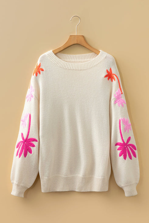 Embroidered Tropical Leaf Sleeve Knit Pullover Sweater