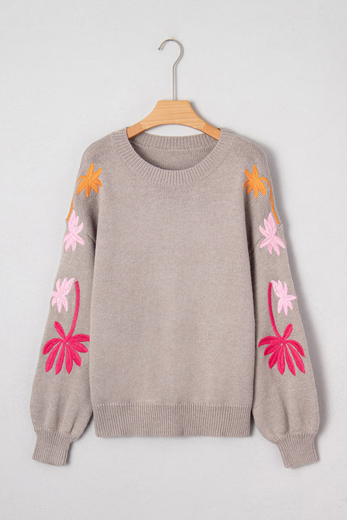 Embroidered Tropical Leaf Sleeve Knit Pullover Sweater