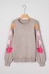 Embroidered Tropical Leaf Sleeve Knit Pullover Sweater