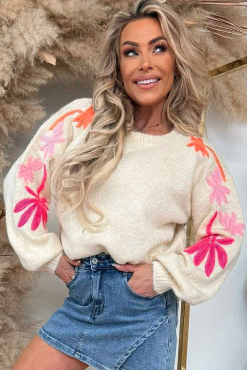 Embroidered Tropical Leaf Sleeve Knit Pullover Sweater