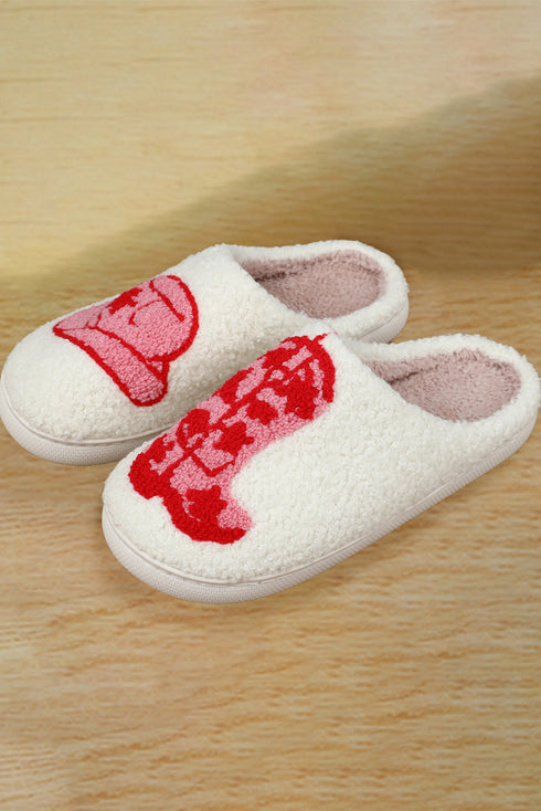 Embroidered Western Graphic Plush Sherpa House Slippers
