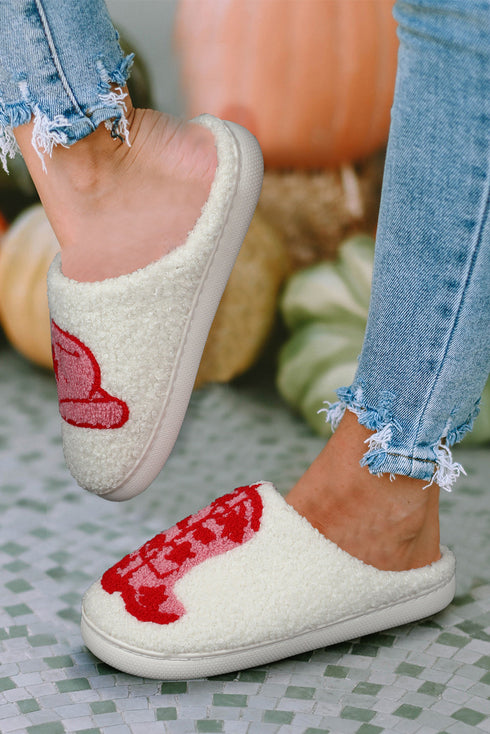 Embroidered Western Graphic Plush Sherpa House Slippers