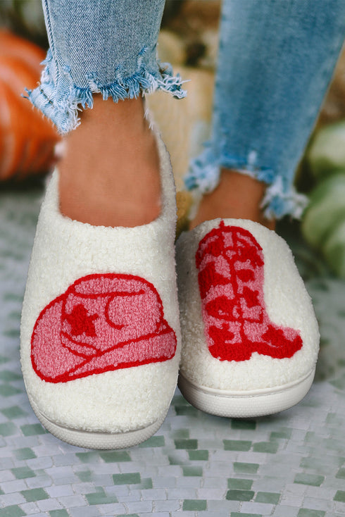 Embroidered Western Graphic Plush Sherpa House Slippers