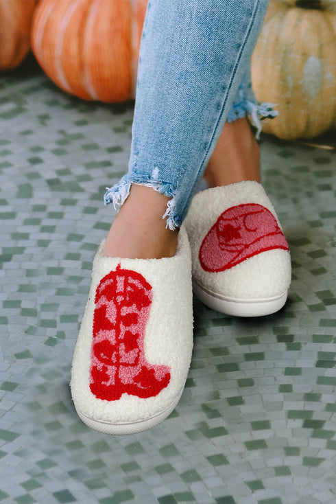 Embroidered Western Graphic Plush Sherpa House Slippers