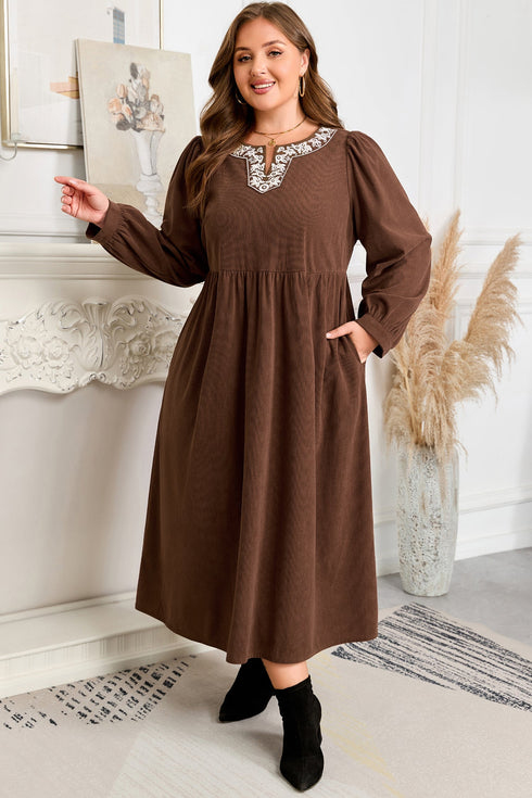 Embroidered Western Patchwork Pleated High Waist Midi Dress