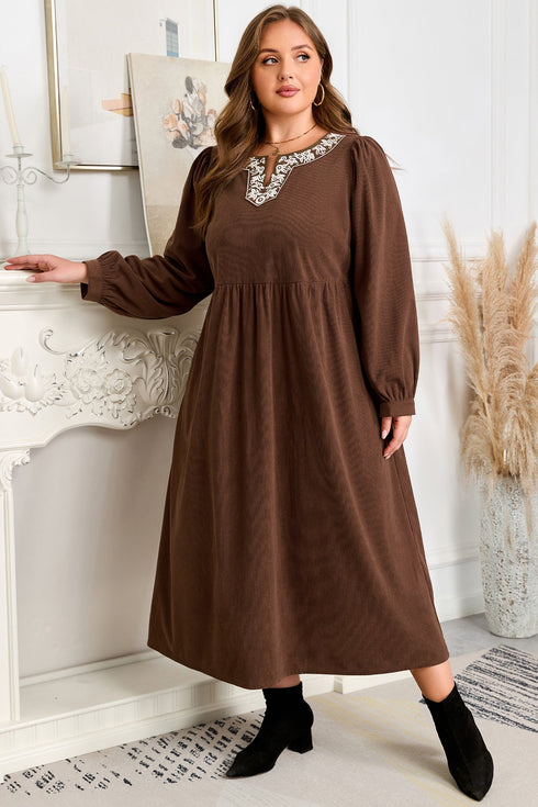 Embroidered Western Patchwork Pleated High Waist Midi Dress