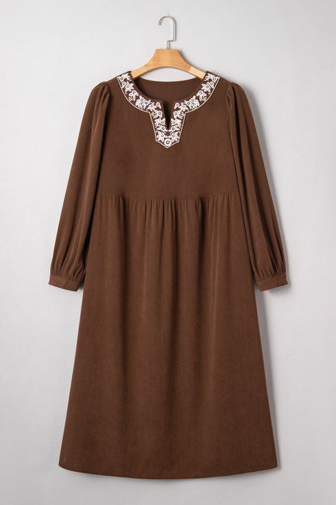 Embroidered Western Patchwork Pleated High Waist Midi Dress