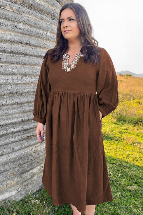 Embroidered Western Patchwork Pleated High Waist Midi Dress