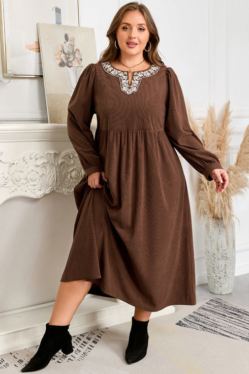 Embroidered Western Patchwork Pleated High Waist Midi Dress