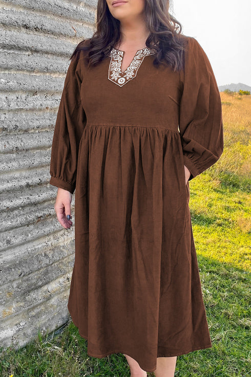 Embroidered Western Patchwork Pleated High Waist Midi Dress