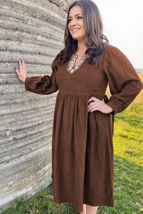 Embroidered Western Patchwork Pleated High Waist Midi Dress
