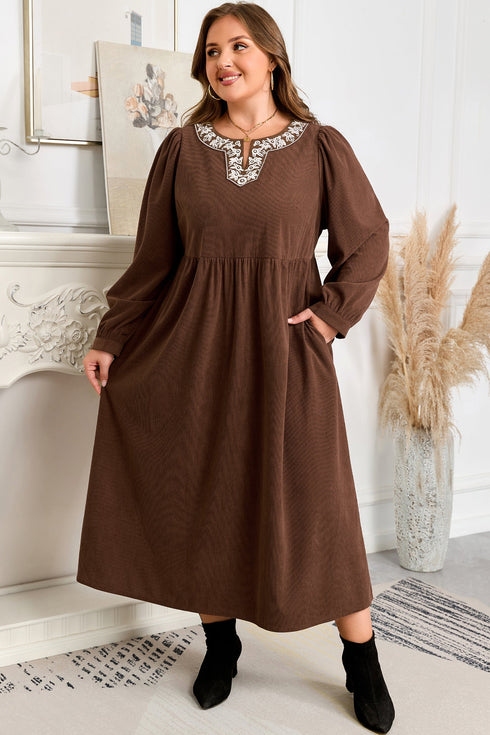 Embroidered Western Patchwork Pleated High Waist Midi Dress