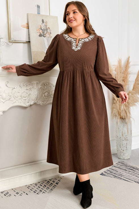 Embroidered Western Patchwork Pleated High Waist Midi Dress
