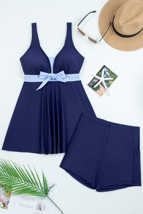 Empire Waist Bow Front V Neck Swim Dress