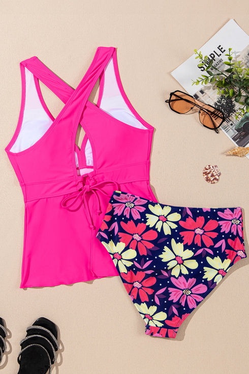 Empire Waist V Neck Flounce Hem Swim Tankini Top