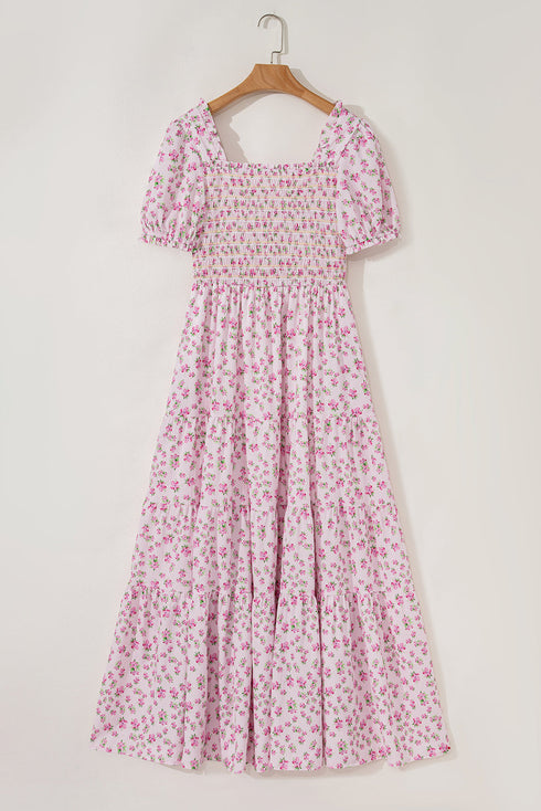 Enchanted Garden Floral Print Smocked Puff Sleeve Maxi Dress