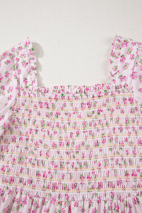 Enchanted Garden Floral Print Smocked Puff Sleeve Maxi Dress