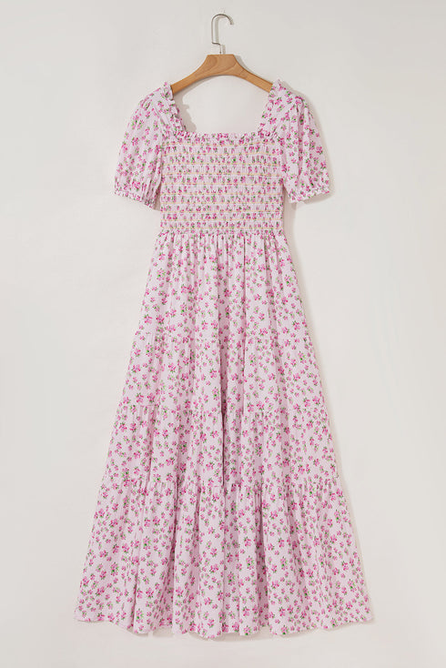 Enchanted Garden Floral Print Smocked Puff Sleeve Maxi Dress