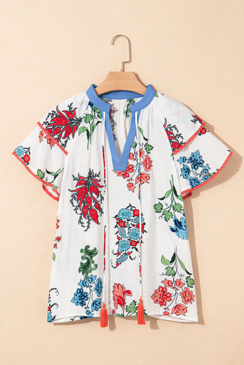Enchanting Floral Print Tassel Tie V Neck Lace Detail Short Sleeve Blouse