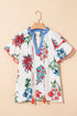 Enchanting Floral Print Tassel Tie V Neck Lace Detail Short Sleeve Blouse