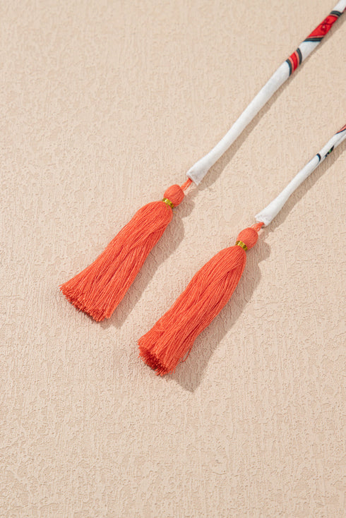 Enchanting Floral Print Tassel Tie V Neck Lace Detail Short Sleeve Blouse