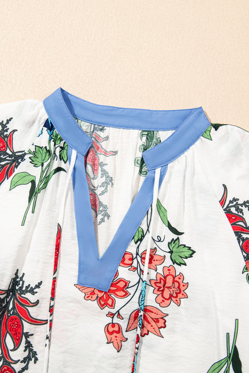 Enchanting Floral Print Tassel Tie V Neck Lace Detail Short Sleeve Blouse