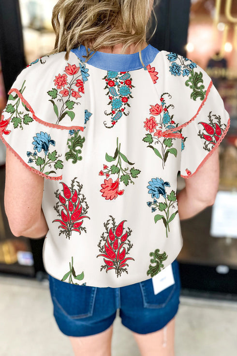 Enchanting Floral Print Tassel Tie V Neck Lace Detail Short Sleeve Blouse