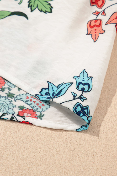 Enchanting Floral Print Tassel Tie V Neck Lace Detail Short Sleeve Blouse