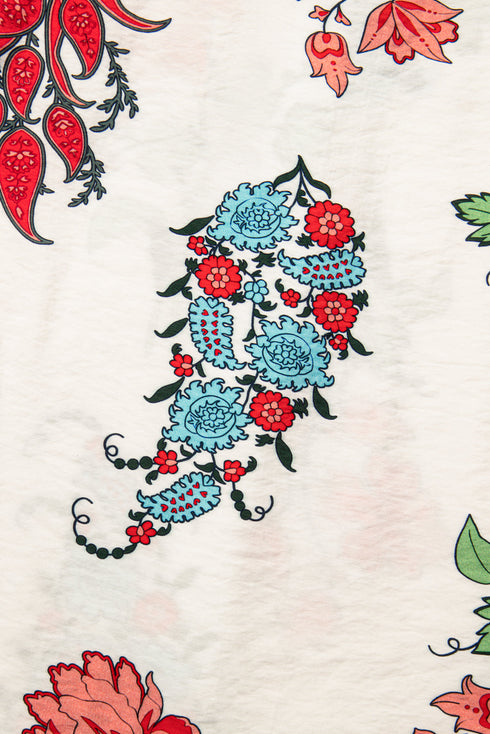 Enchanting Floral Print Tassel Tie V Neck Lace Detail Short Sleeve Blouse