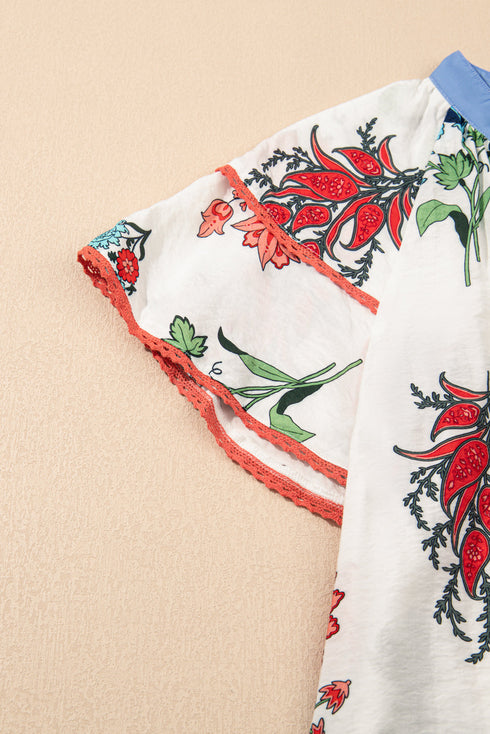 Enchanting Floral Print Tassel Tie V Neck Lace Detail Short Sleeve Blouse