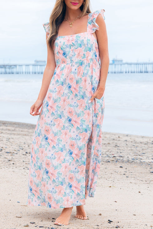 Ethereal Garden Bloom Square Neck Flutter Sleeve Backless A Line Maxi Dress