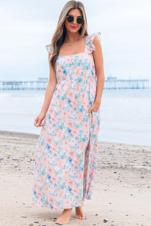 Ethereal Garden Bloom Square Neck Flutter Sleeve Backless A Line Maxi Dress