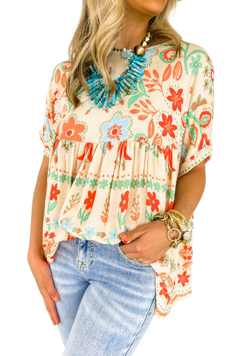 Ethnic Floral Print Rolled Sleeve Babydoll Top