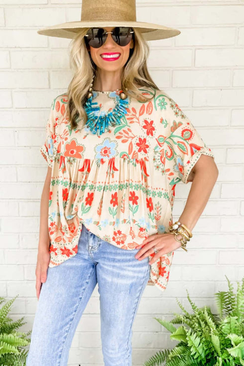 Ethnic Floral Print Rolled Sleeve Babydoll Top
