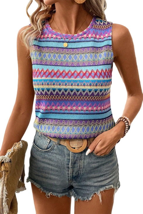 Ethnic Wavy Pattern Round Neck Sleeveless Top
