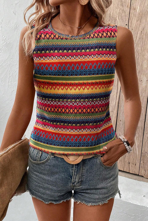 Ethnic Wavy Pattern Round Neck Sleeveless Top